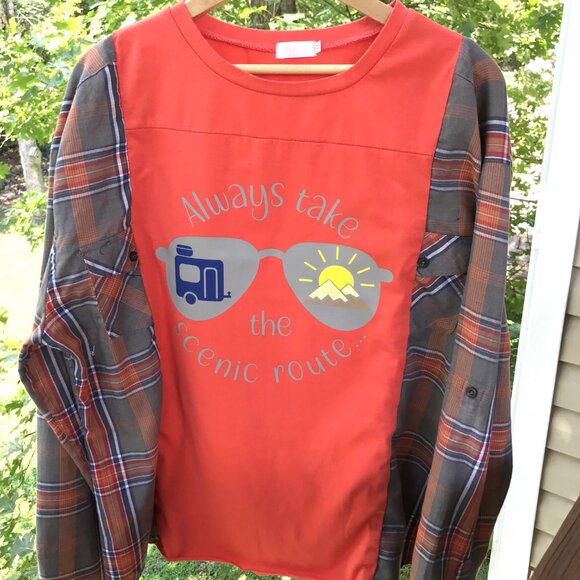 Upcycled Pullover Shirt, M-L: Reworked Scenic Route Graphic Tee, Camping Travel - Picture 5 of 11